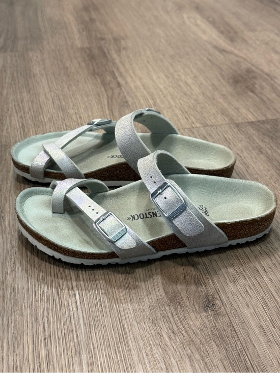 Birkenstock Other - Birkenstock Silver Glitter Double-Strap Toe-Loop Sandals